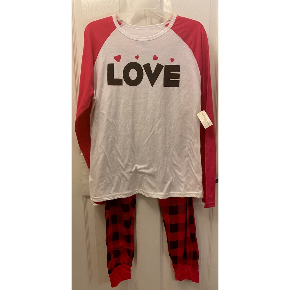 Bobbie Brooks Sleepwear Pajama Set Red Buffalo Plaid Love Hearts NWT‎